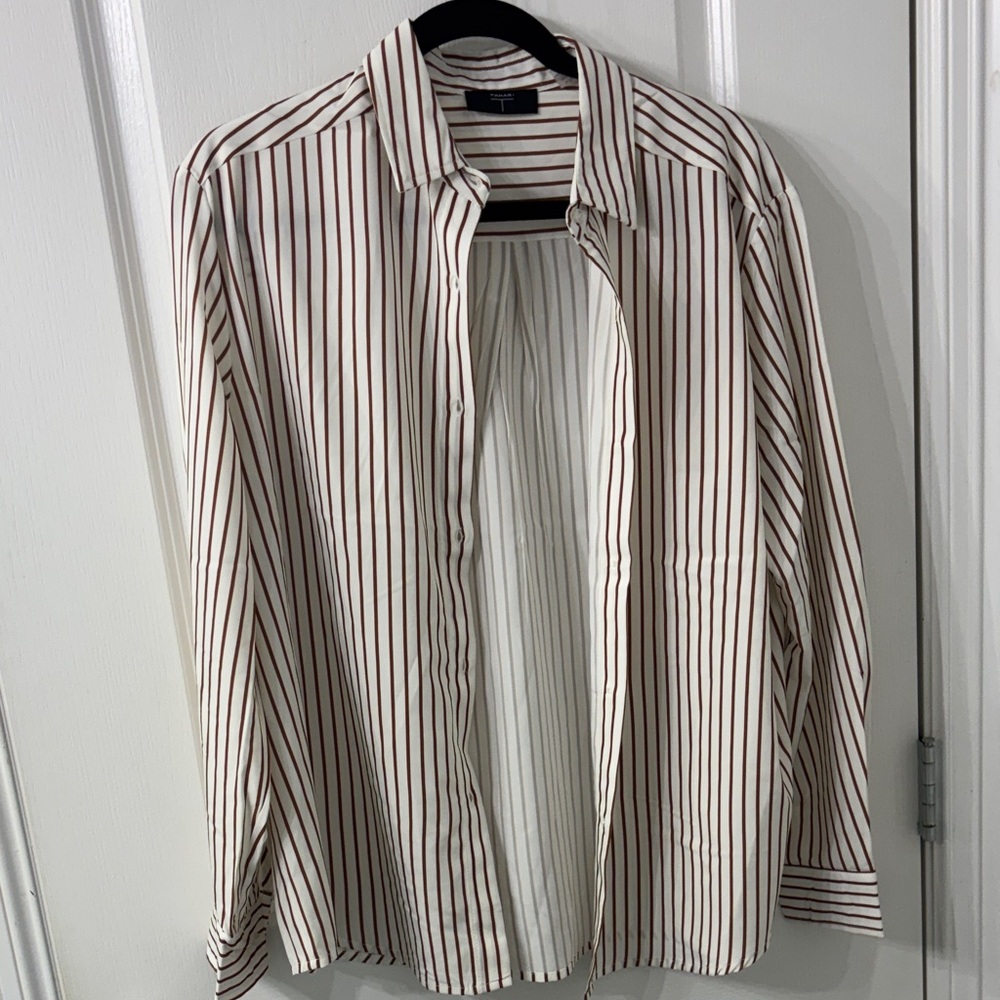 Tahari New Large Satin Striped brown Button-down shirt large